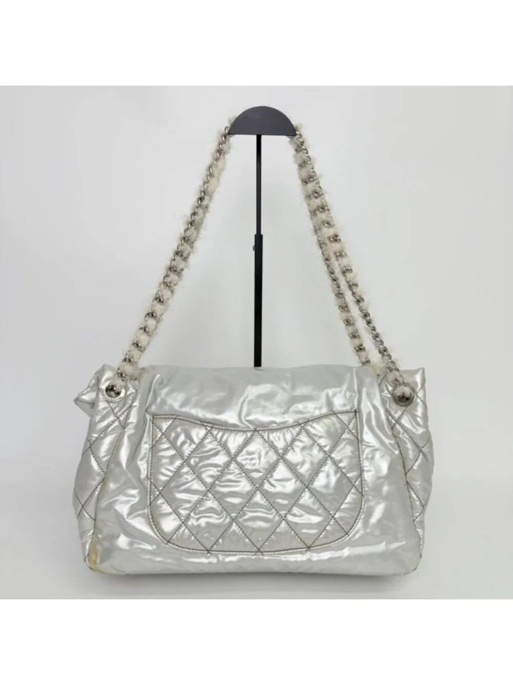 Chanel CC Logo Chain Tote Shoulder Bag Nylon Silver Ivory Seal Vintage